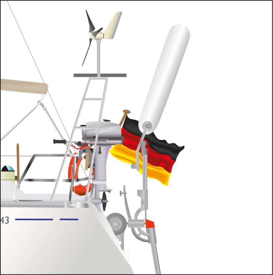 Detail-Darstellung Aussenborder, Selbststeueranlage, Solarpanel, Windgenerator einer Yacht.